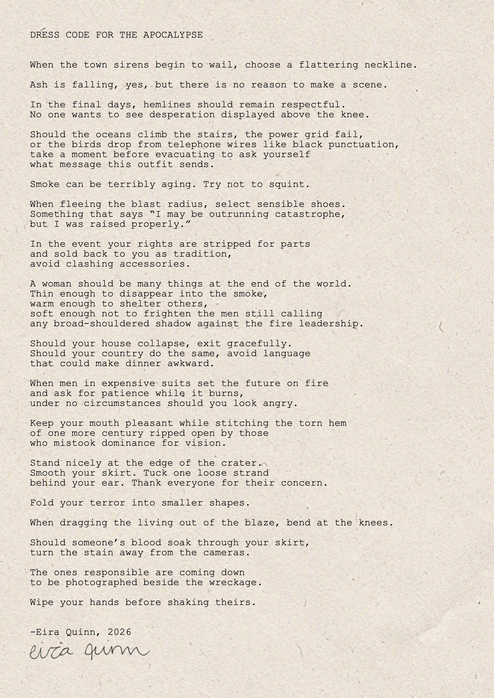 Mockup of "Dress Code for the Apocalypse" hand-typed on A4 handmade paper
